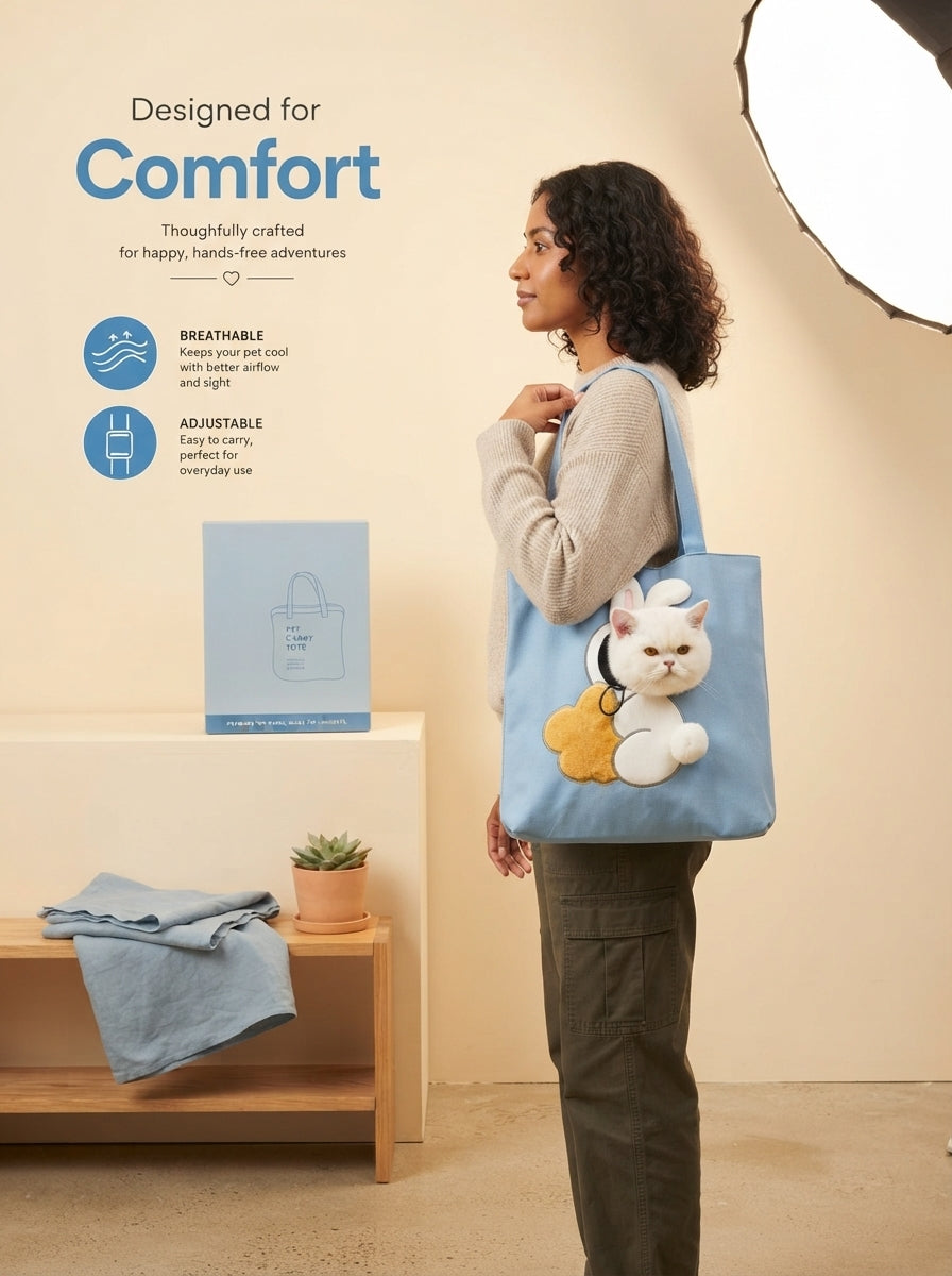 A person wearing a breathable crossbody pet bag in a bright, modern studio setting with soft blue and cream decor.