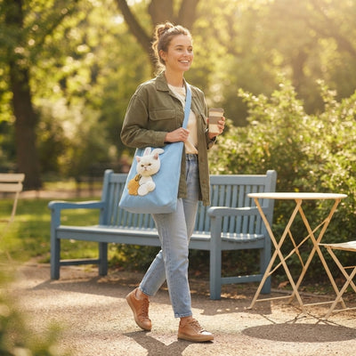 A woman carrying a small dog in a breathable crossbody pet bag while walking in a park.